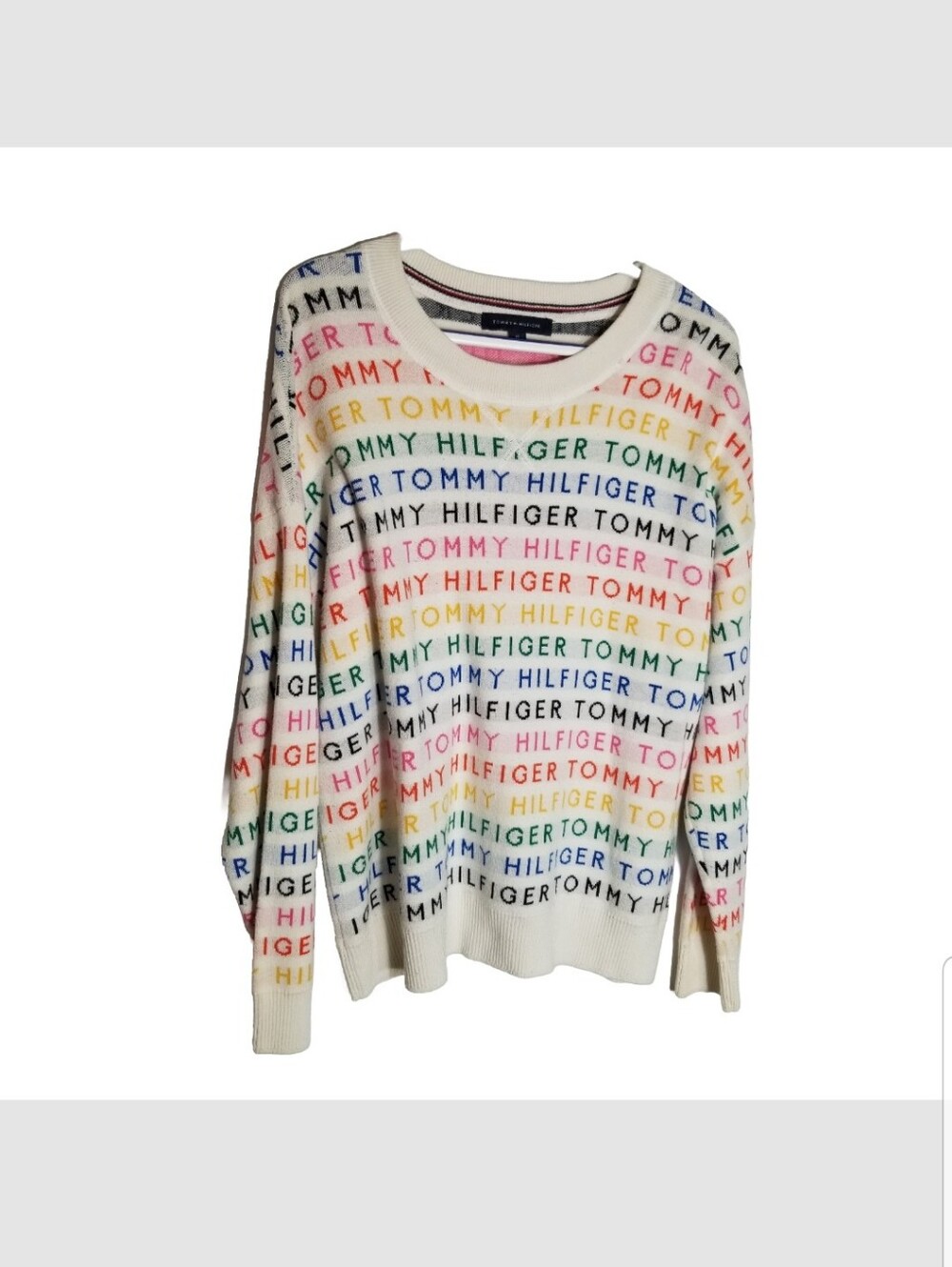 Tommy Hilfiger Sweater Women's Medium Oversized White Logo Print Crewneck Knit